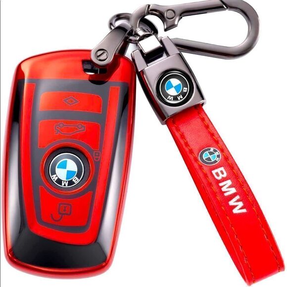 BMW Logo key fob Keychain in Red Leather & Key Fob Cover in black & Red NWT - Picture 1 of 11